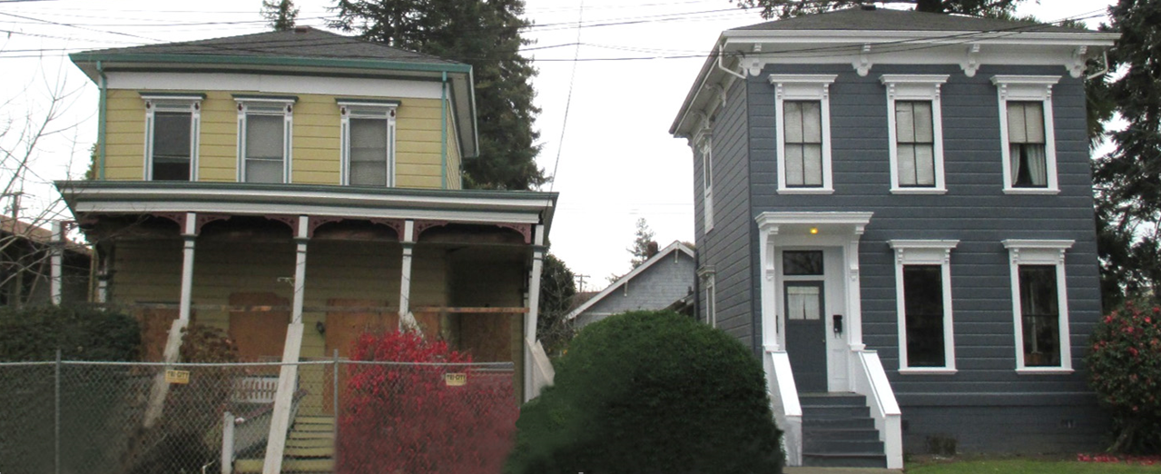 Image showing two houses side by side, one damaged by earthquake the other not damaged
